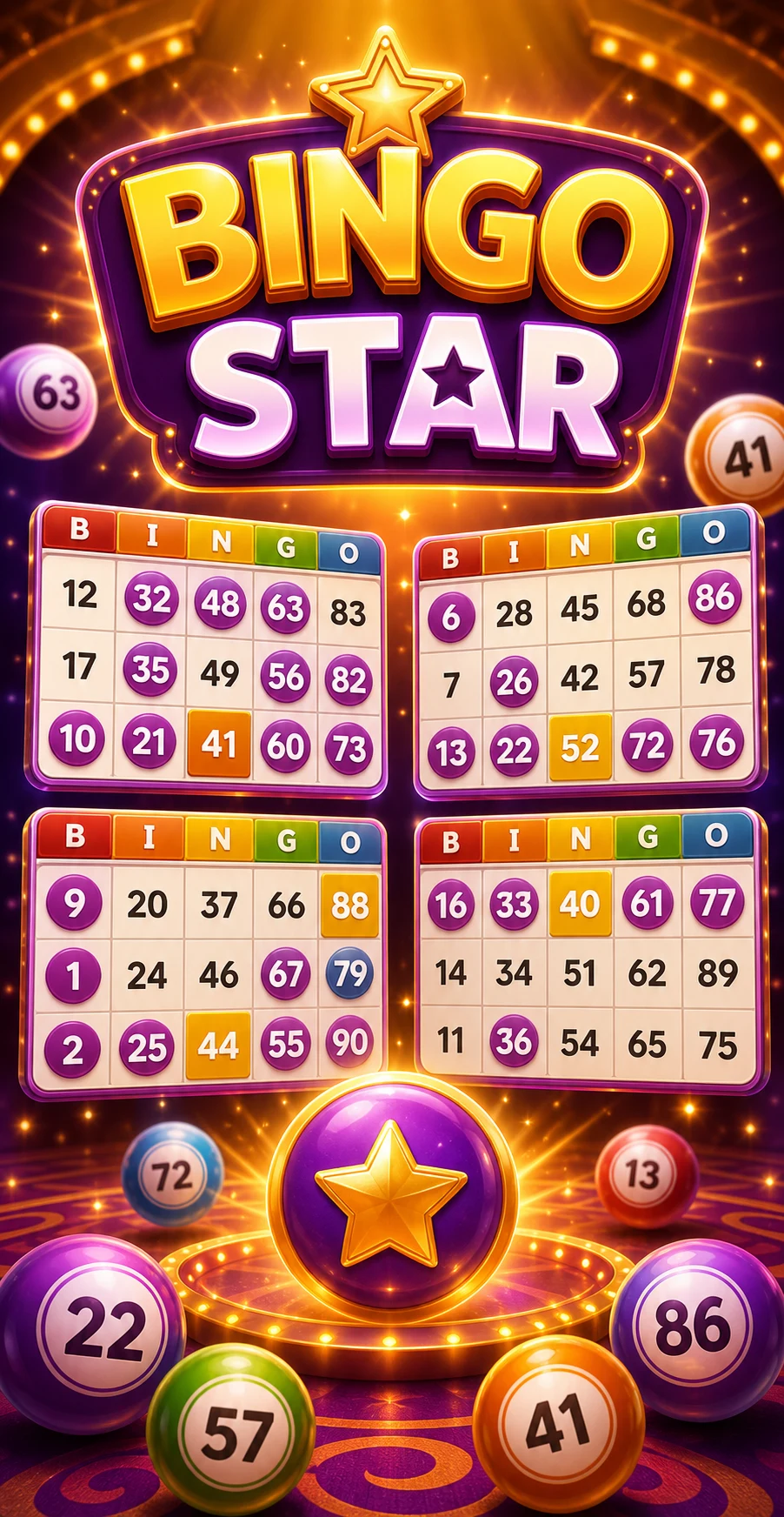 Bingo Star by Galaxsys - four 90-ball cards with mobile bingo interface