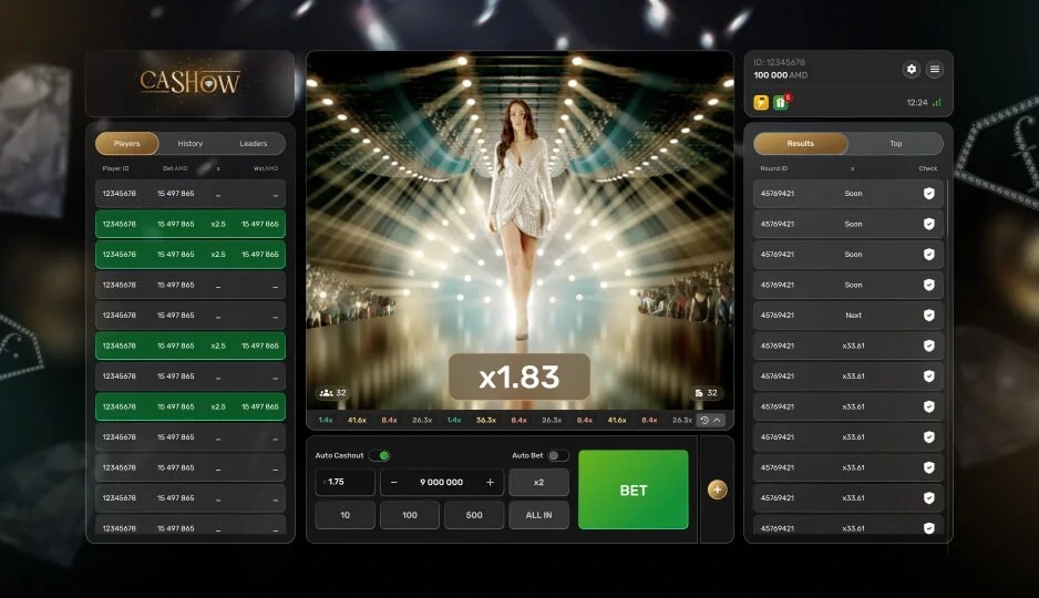 Cash Show screenshot 2 - multiplier climbing as the model walks toward the camera