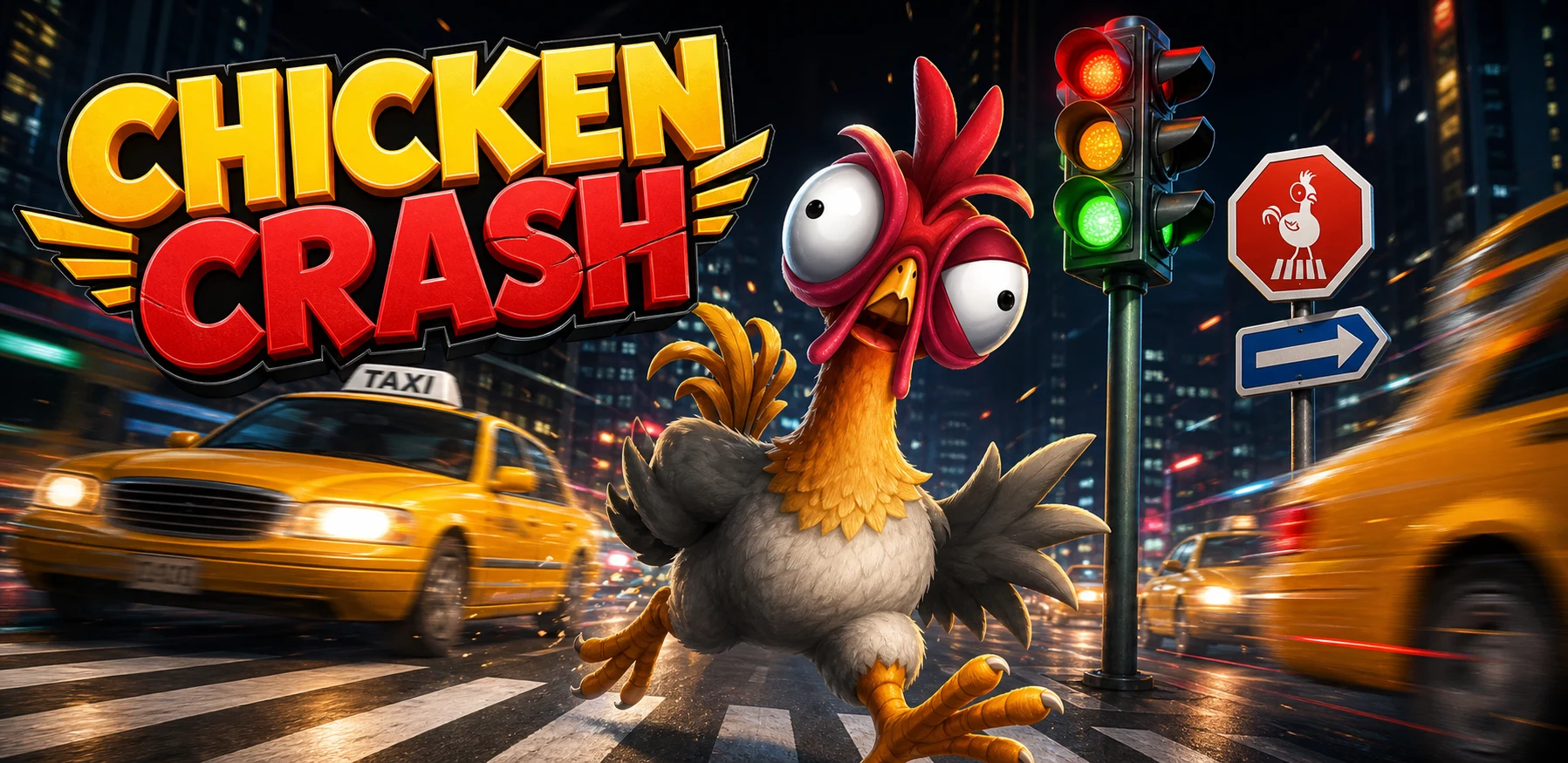 Chicken Crash win screen with chicken avatar crossing traffic