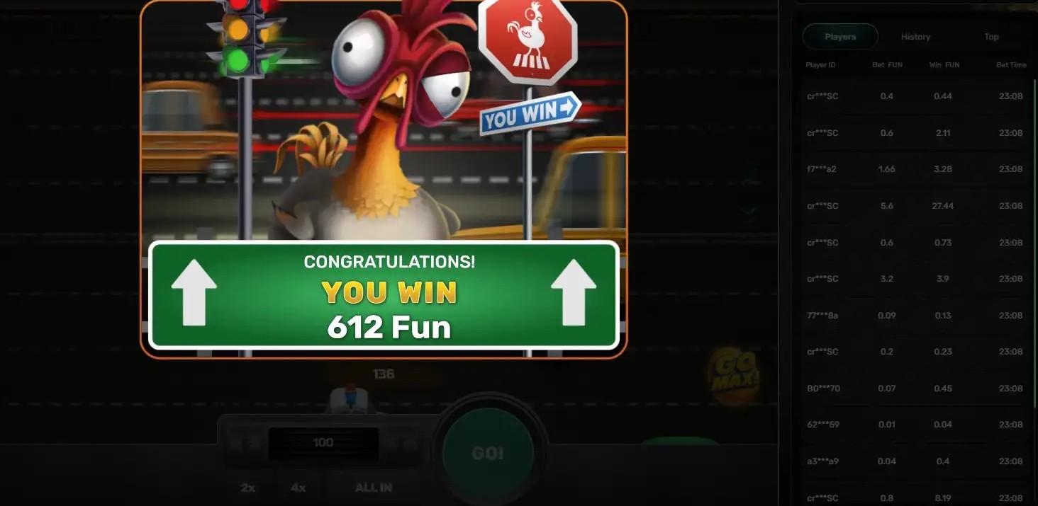 Chicken Crash win screen with chicken avatar crossing traffic
