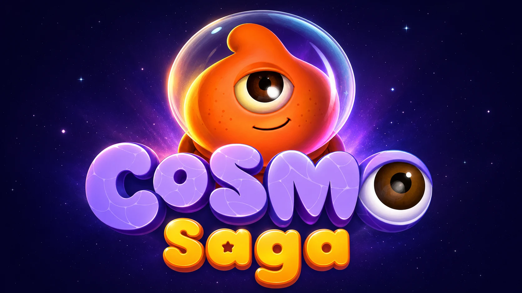 Cosmo Saga by Galaxsys - alien mascot logo screen with starfield background