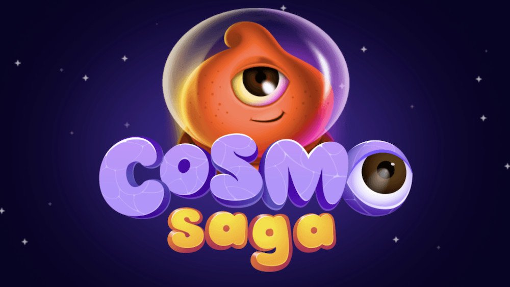 Cosmo Saga by Galaxsys - alien mascot logo screen with starfield background