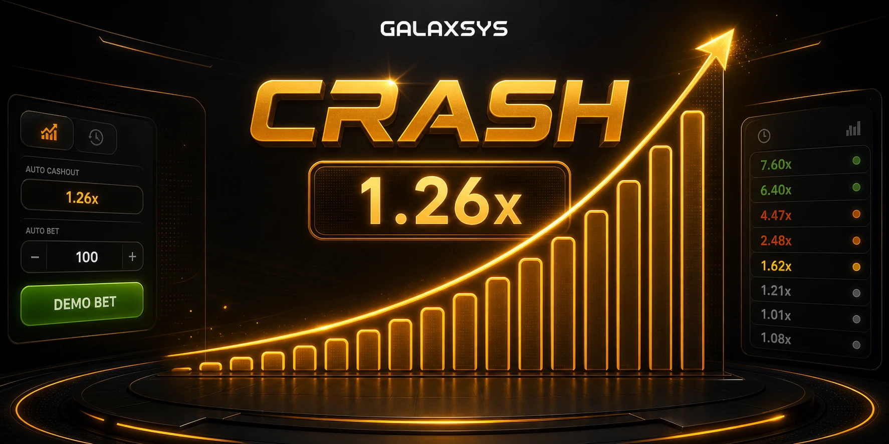 Crash by Galaxsys - rising multiplier curve mid-round