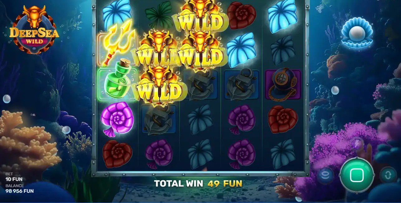Deep Sea Wild gameplay screenshot showing the 5x5 underwater grid