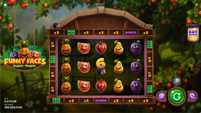 Funny Faces: Hoglet-Moglet gameplay screenshot showing the 5x3 grid and board-game track