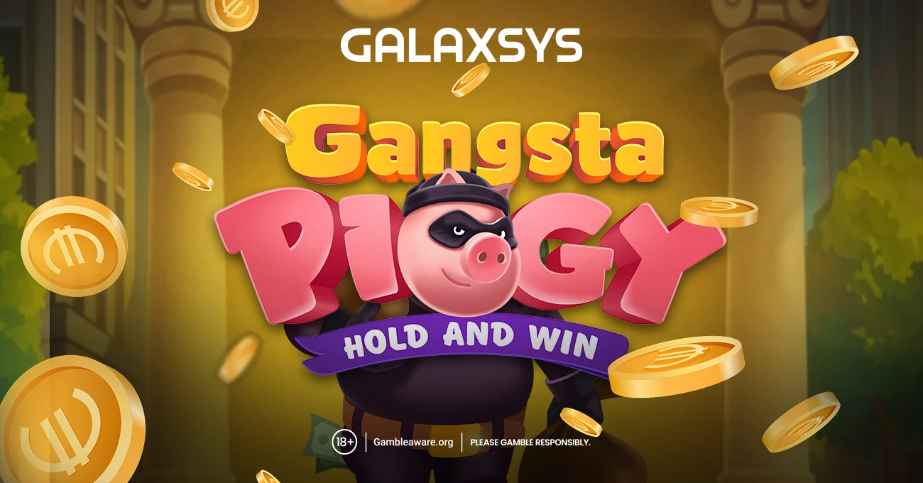 Gangsta Piggy: Hold And Win loading screen with the gangster pig mascot and Galaxsys branding