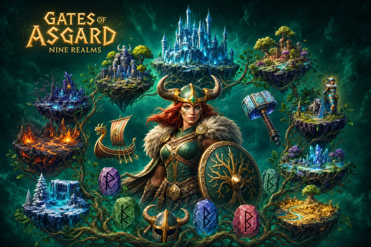 Gates of Asgard Nine Realms reel grid with wild symbol and Norse rune tiles
