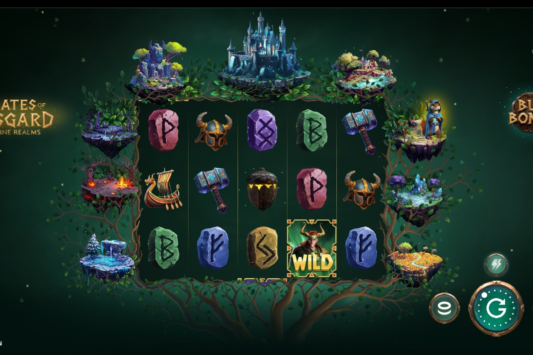 Gates of Asgard Nine Realms reel grid with wild symbol and Norse rune tiles