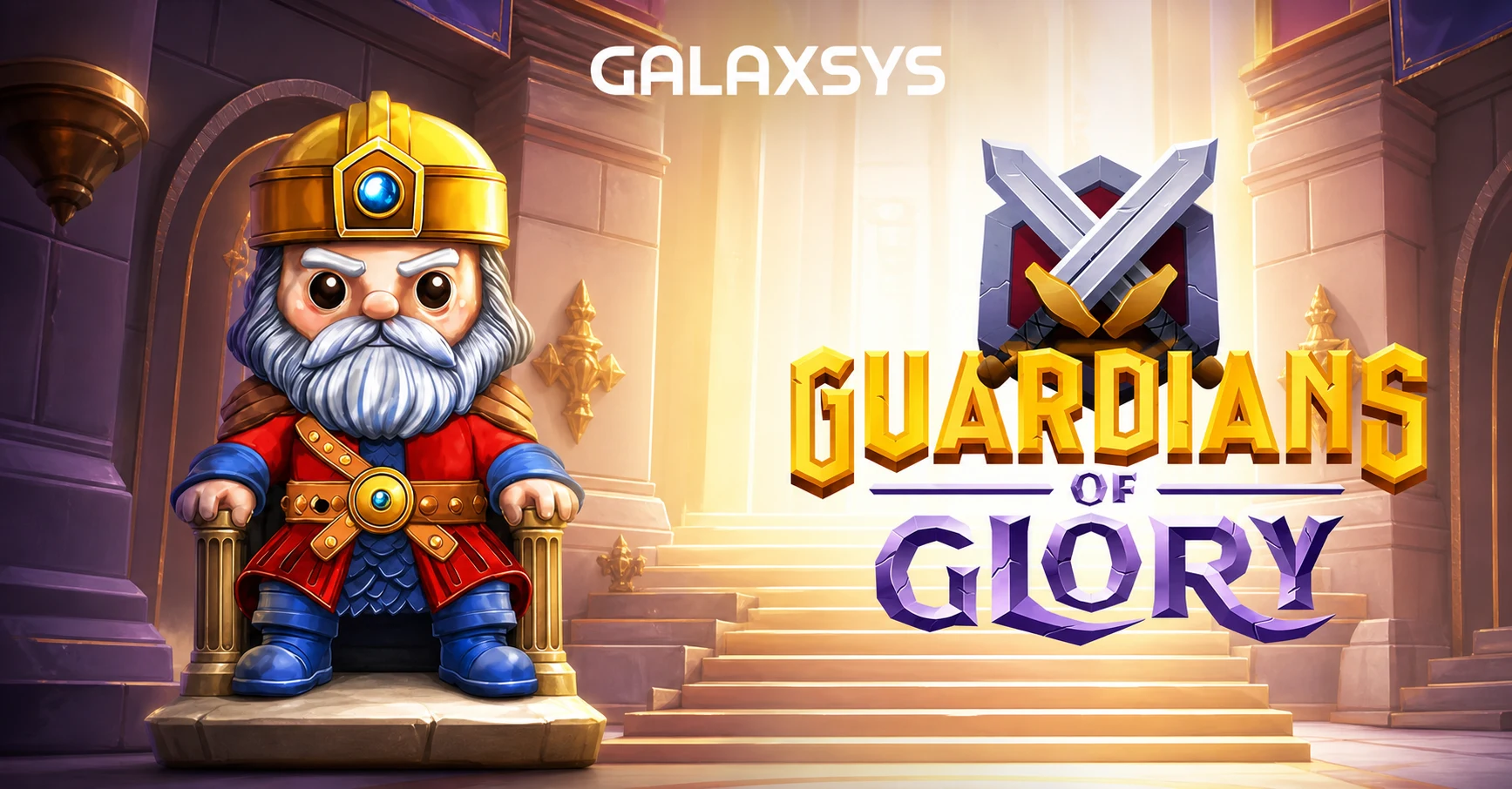 Guardians Of Glory by Galaxsys - king on throne with crossed swords emblem logo screen