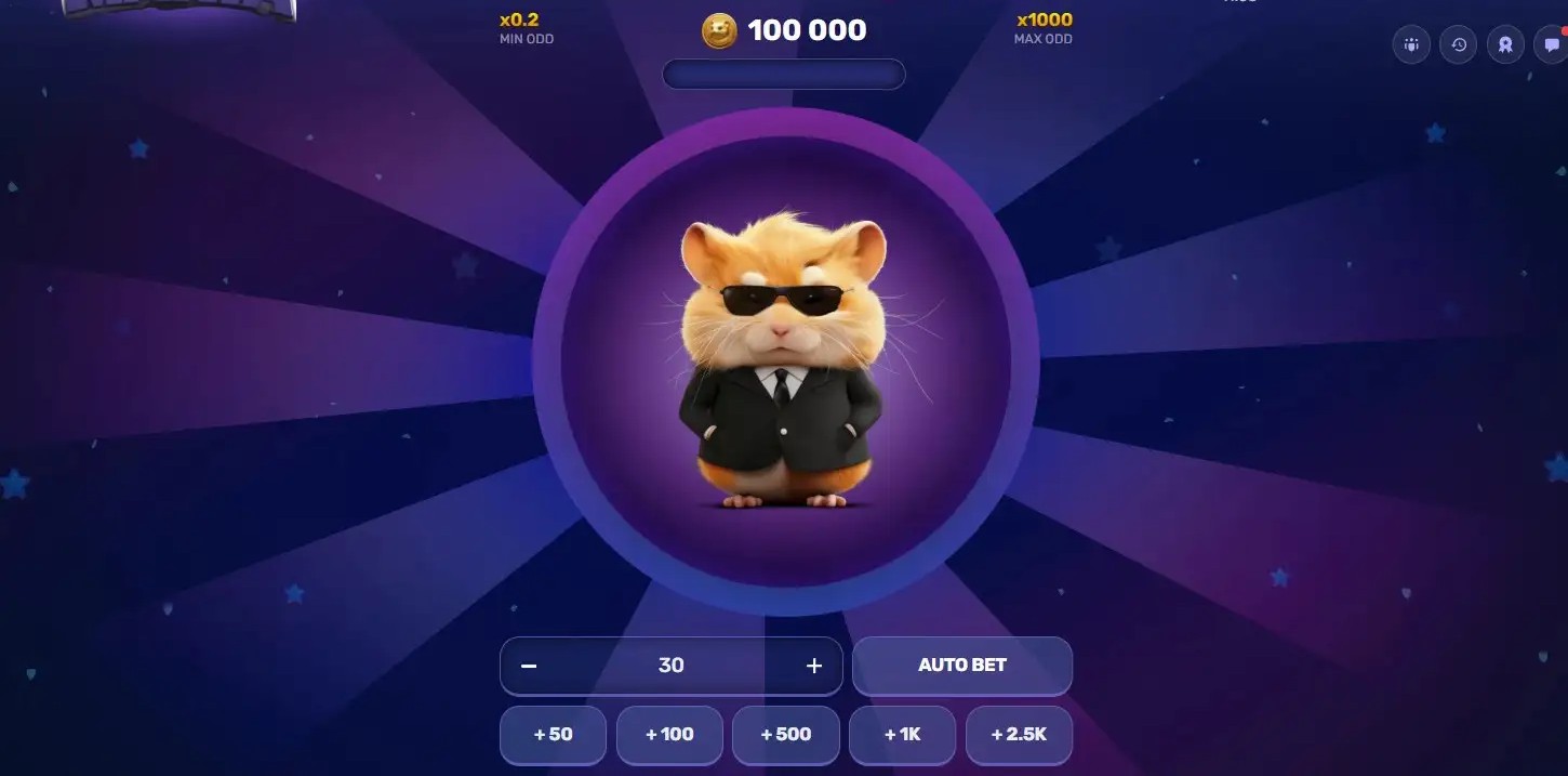Hamster Mania gameplay screen showing MIN ODD x0.2, MAX ODD x1000 and bet controls