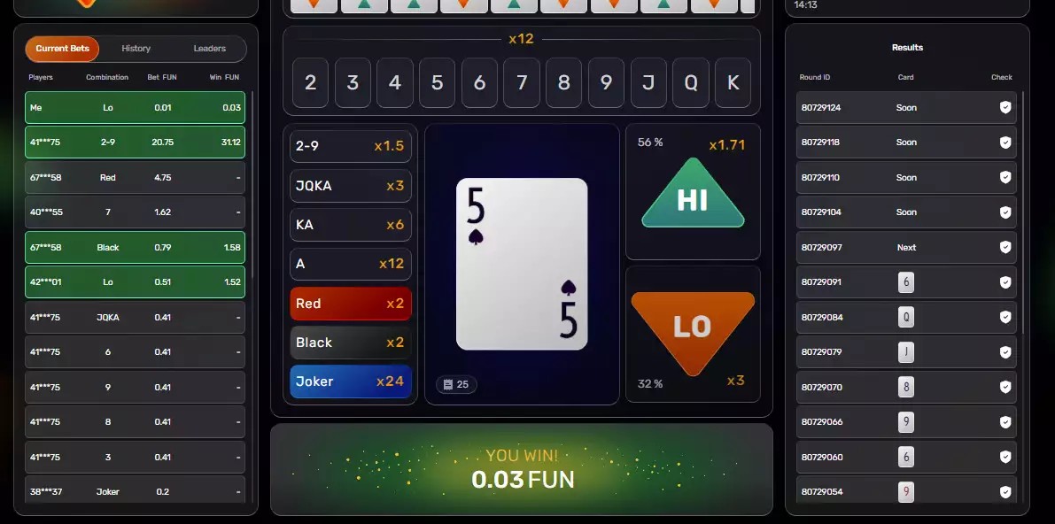 Hi Lo game by Galaxsys - card table with Hi/Lo bet and Joker side bet