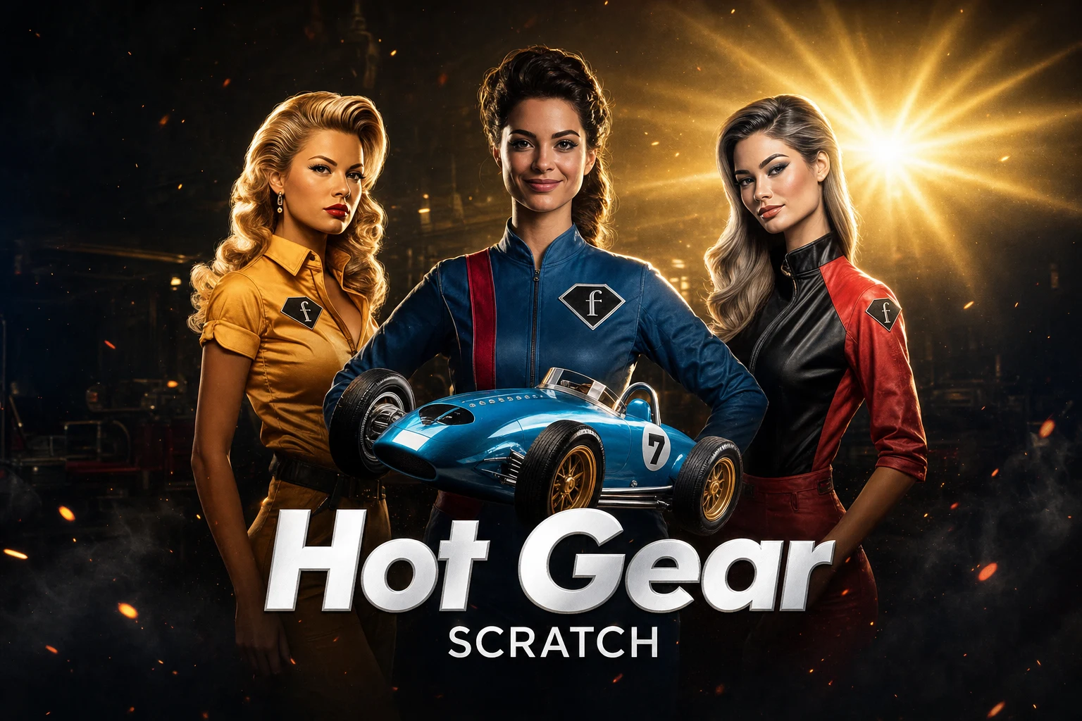 Hot Gear key art with three retro racing drivers and a vintage blue race car