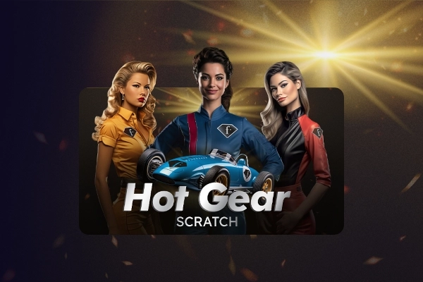 Hot Gear key art with three retro racing drivers and a vintage blue race car