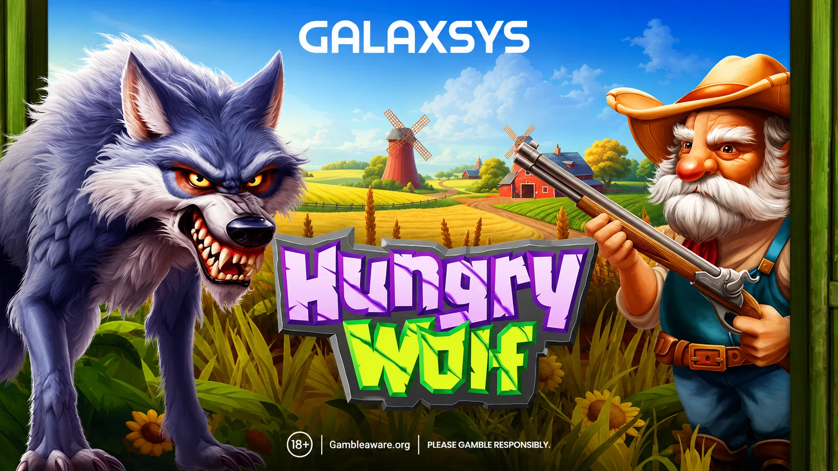 Hungry Wolf by Galaxsys - wolf and farmer logo screen over a farmland background