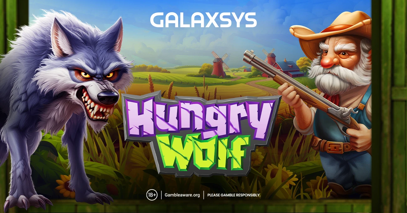 Hungry Wolf by Galaxsys - wolf and farmer logo screen over a farmland background