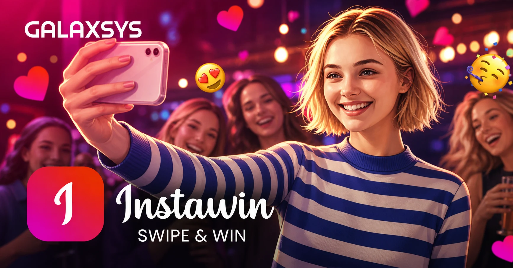 Instawin by Galaxsys - swipe-to-win card interface with heart bonus icons
