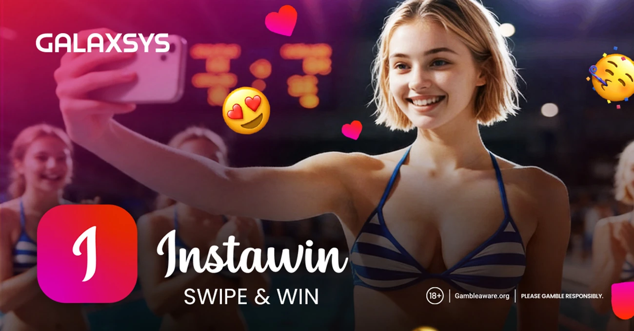 Instawin by Galaxsys - swipe-to-win card interface with heart bonus icons