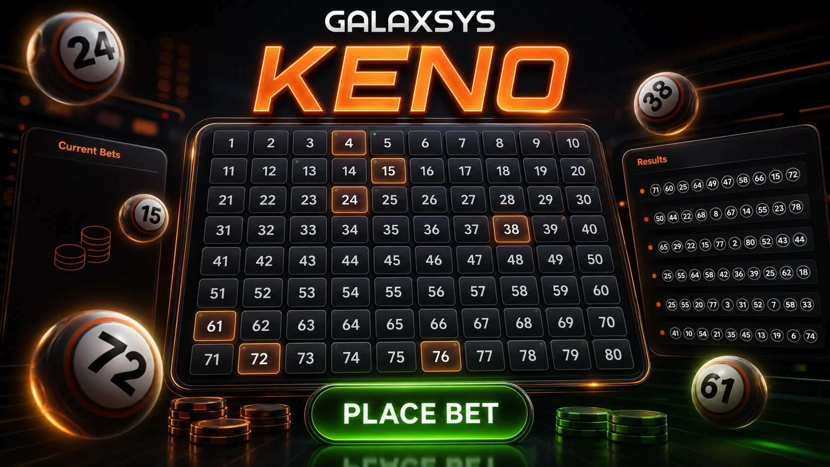 Keno game by Galaxsys - 80-number board with selected spots and demo bet button