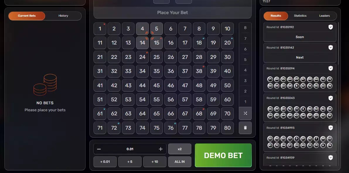 Keno game by Galaxsys - 80-number board with selected spots and demo bet button