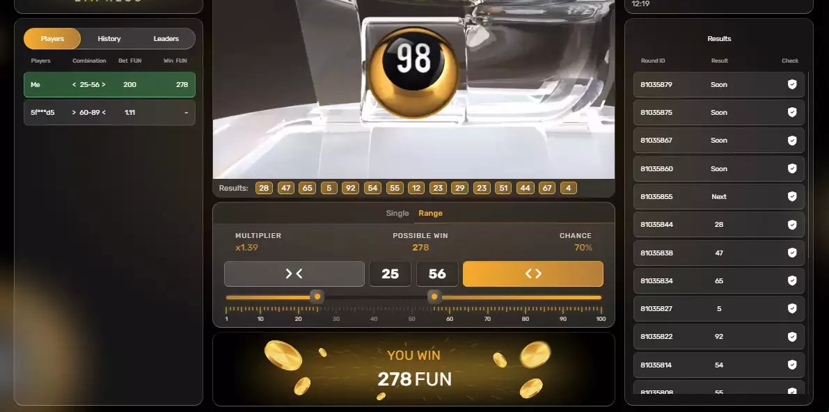 Keno Express game by Galaxsys - ball draw machine with range betting slider
