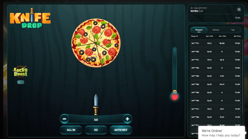 Knife Drop gameplay screenshot showing the spinning target and payout zones