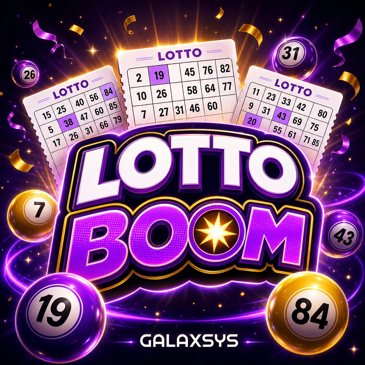 Lotto Boom logo art in pink and green over a purple sunburst background