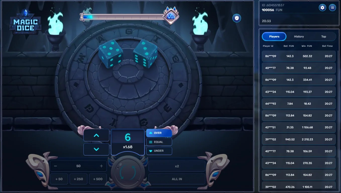 Magic Dice screenshot 2 - Over, Under, and exact-number bet selection