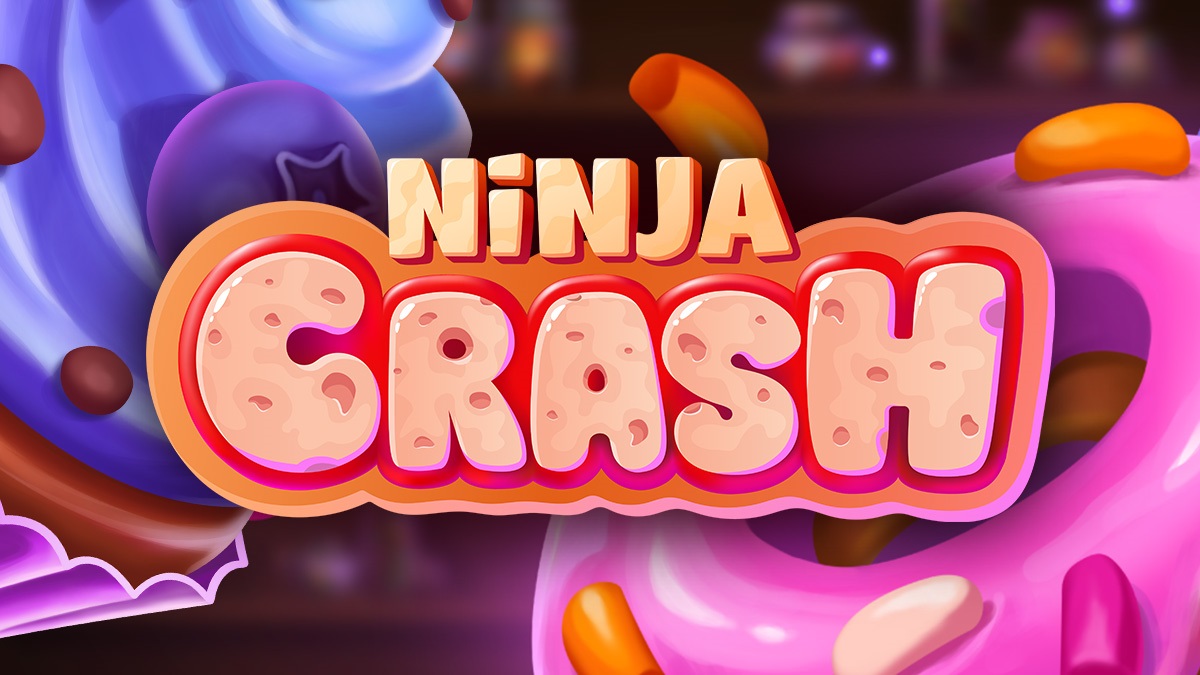 Ninja Crash logo card over a cupcake and donut candy-shop background