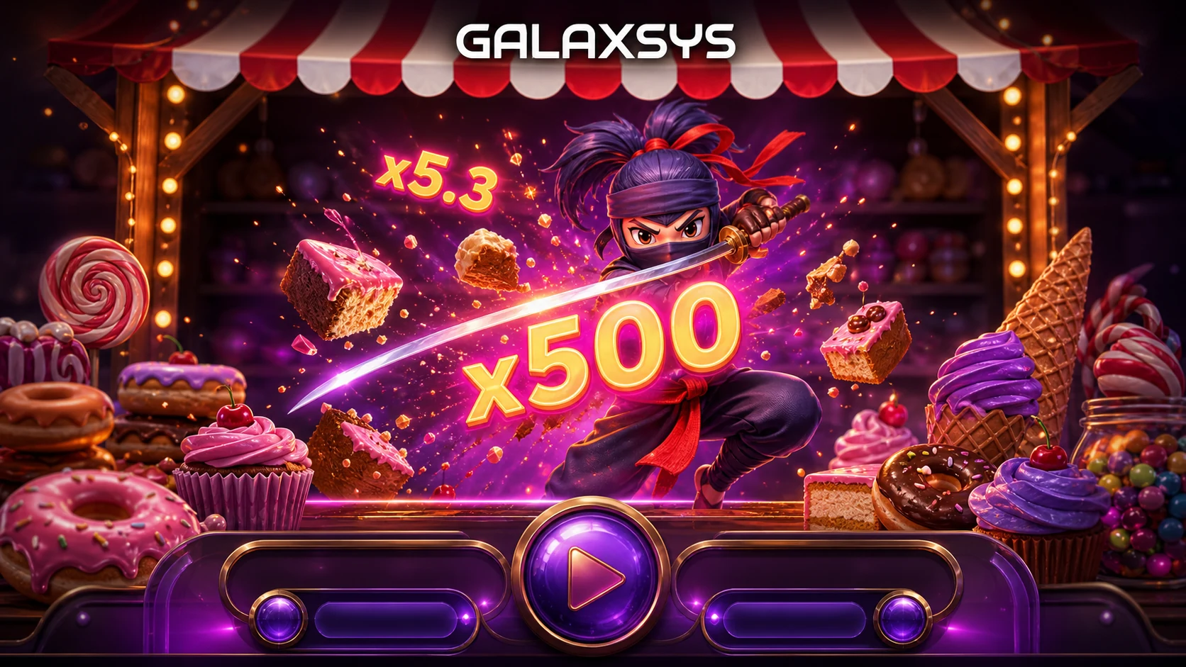 Ninja Crash by Galaxsys - animated ninja slicing through a candy-shop stall with an x500 multiplier