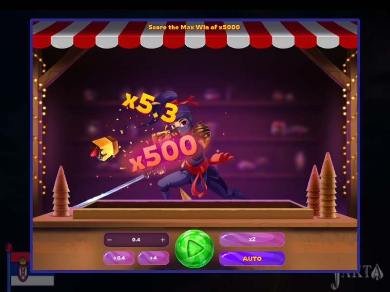 Ninja Crash gameplay: an animated ninja slicing through a candy stall with an x500 multiplier on screen