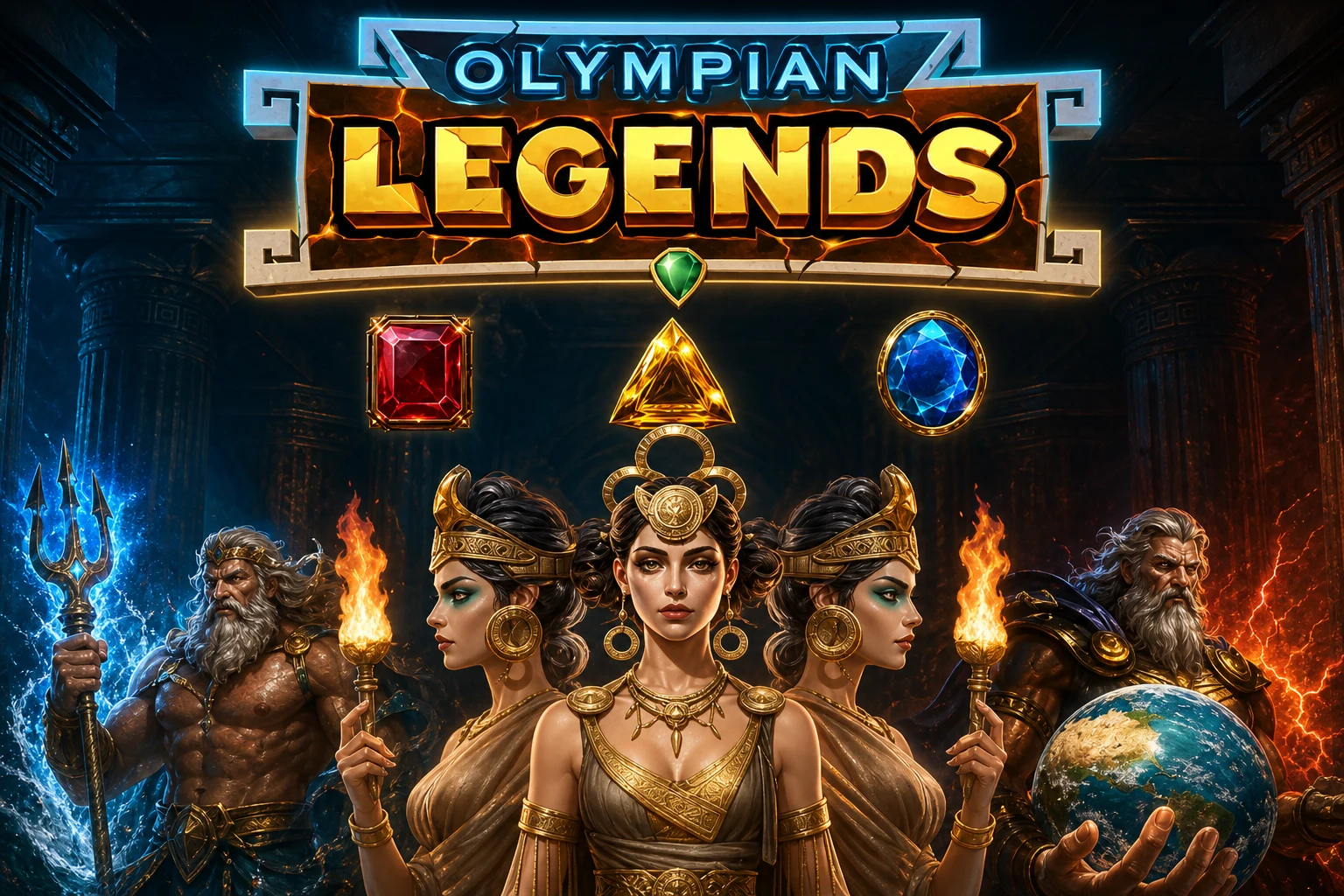 Olympian Legends loading screen with Greek gods and gem symbols