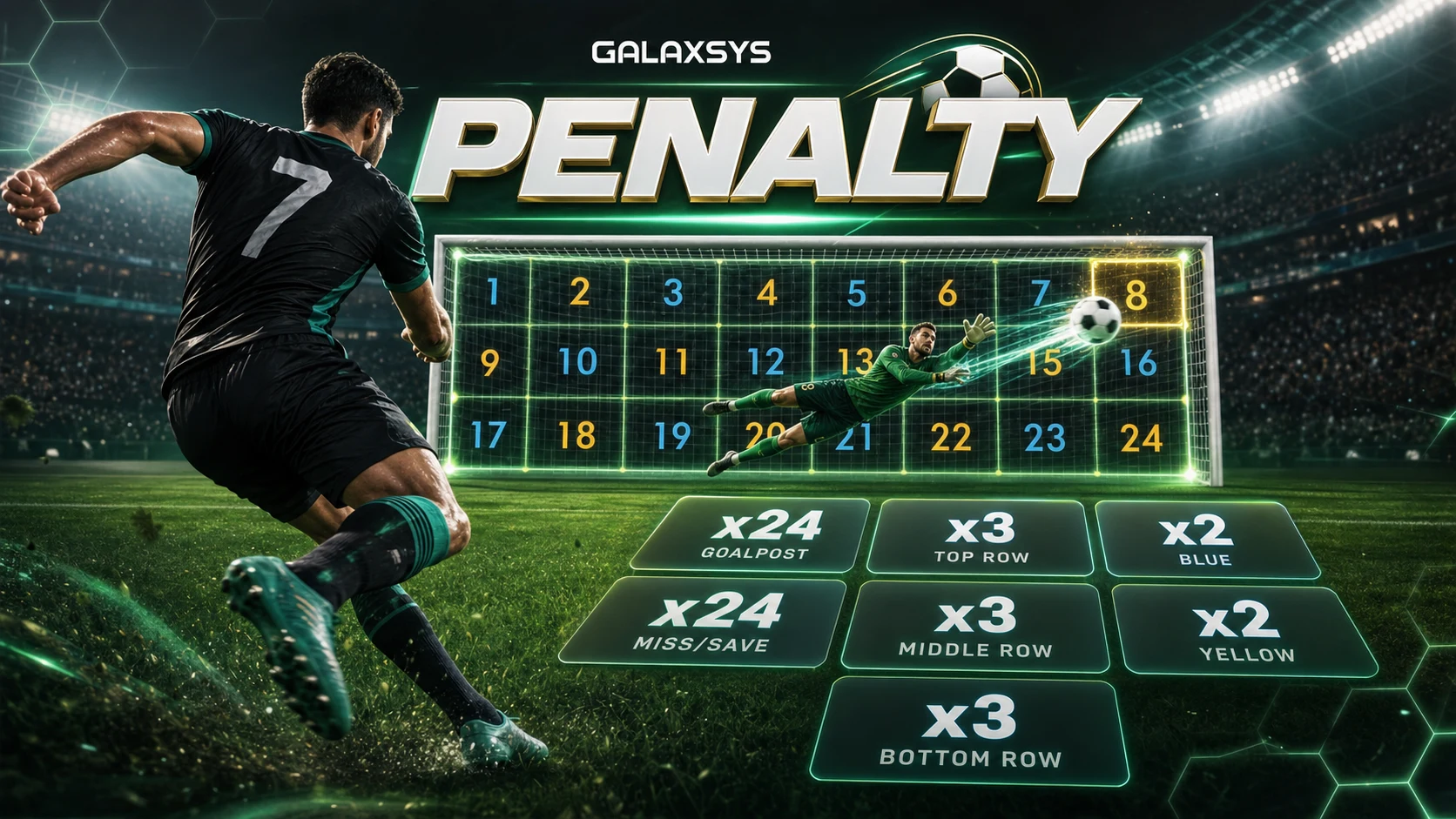 Penalty gameplay screenshot showing the shot board and bet types