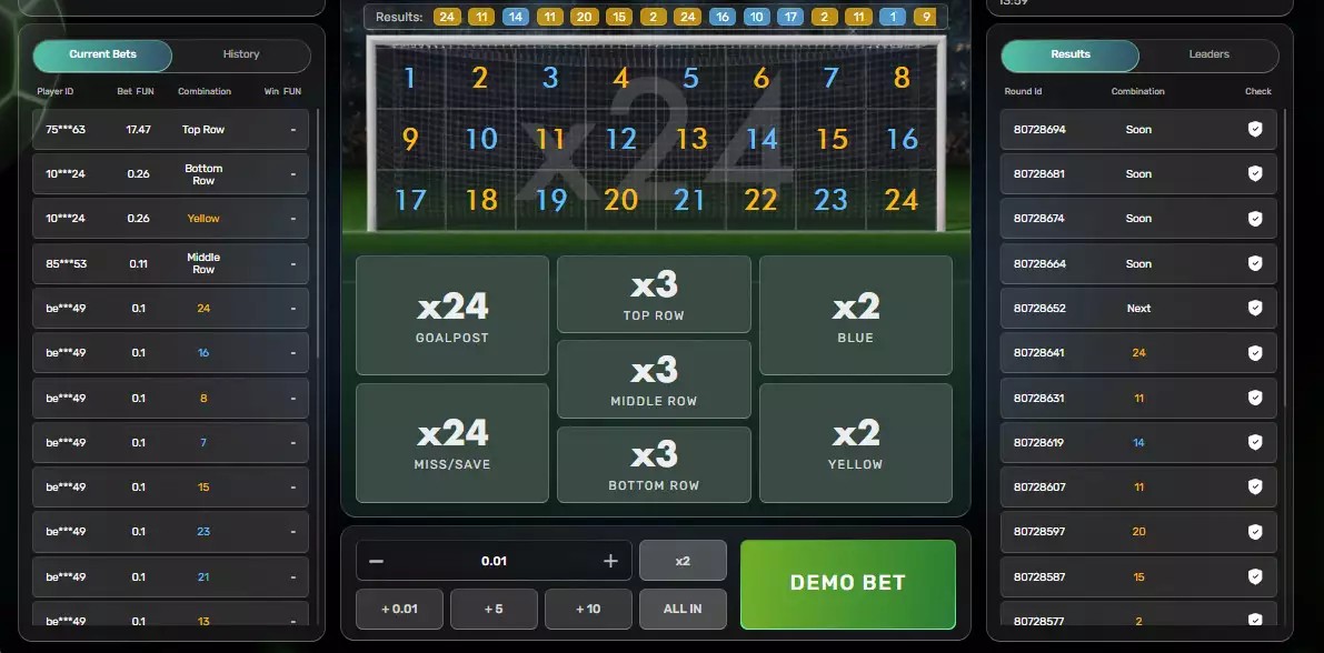 Penalty gameplay screenshot showing the shot board and bet types