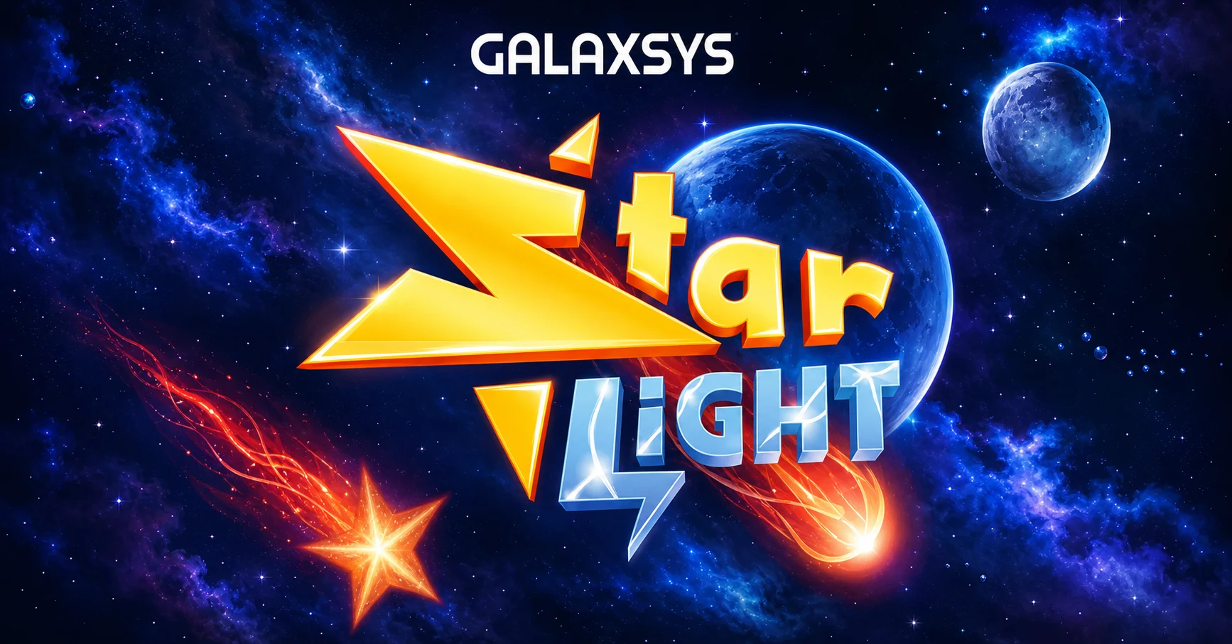 Starlight by Galaxsys logo screen with a falling star and cosmic background