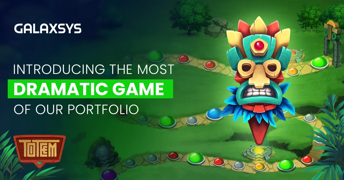 Totem promotional key art with a jungle tribal mask and path imagery, Galaxsys branding