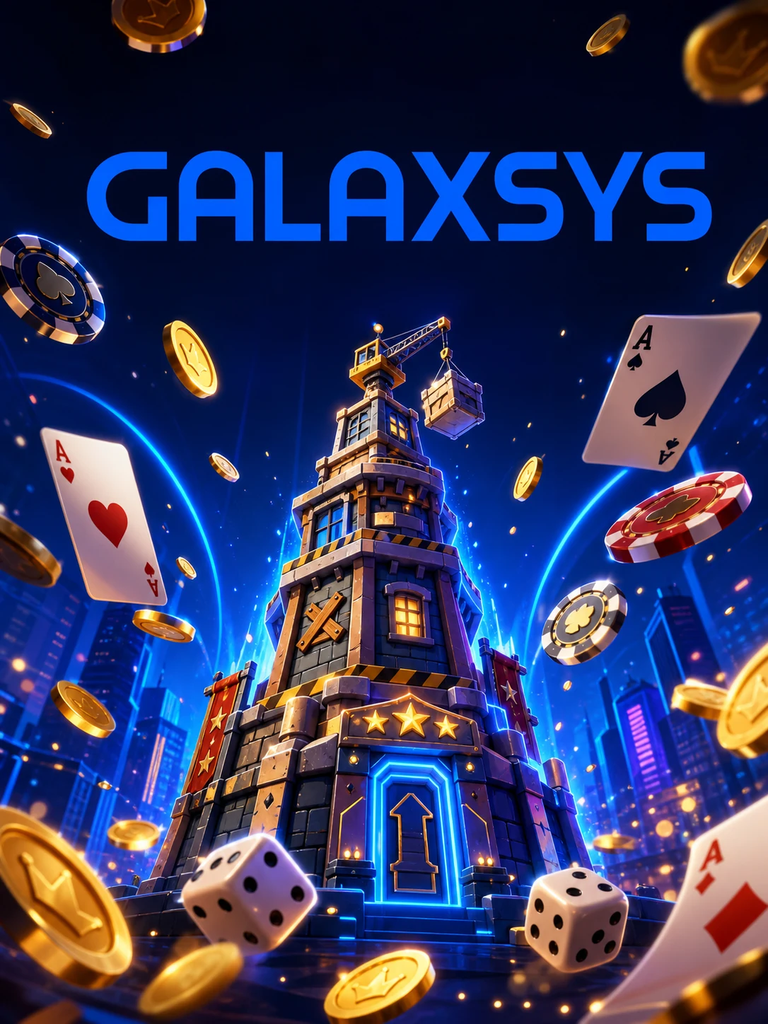 Stylized Galaxsys illustration featuring the official studio logo and a casino theme